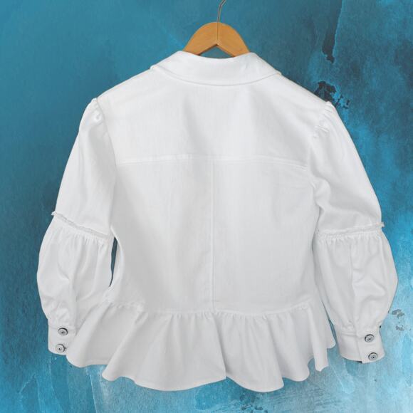 CINQ A SEPT Lizzie Puff Sleeve Peplum Denim Jacket in White Size 2 - Picture 12 of 13